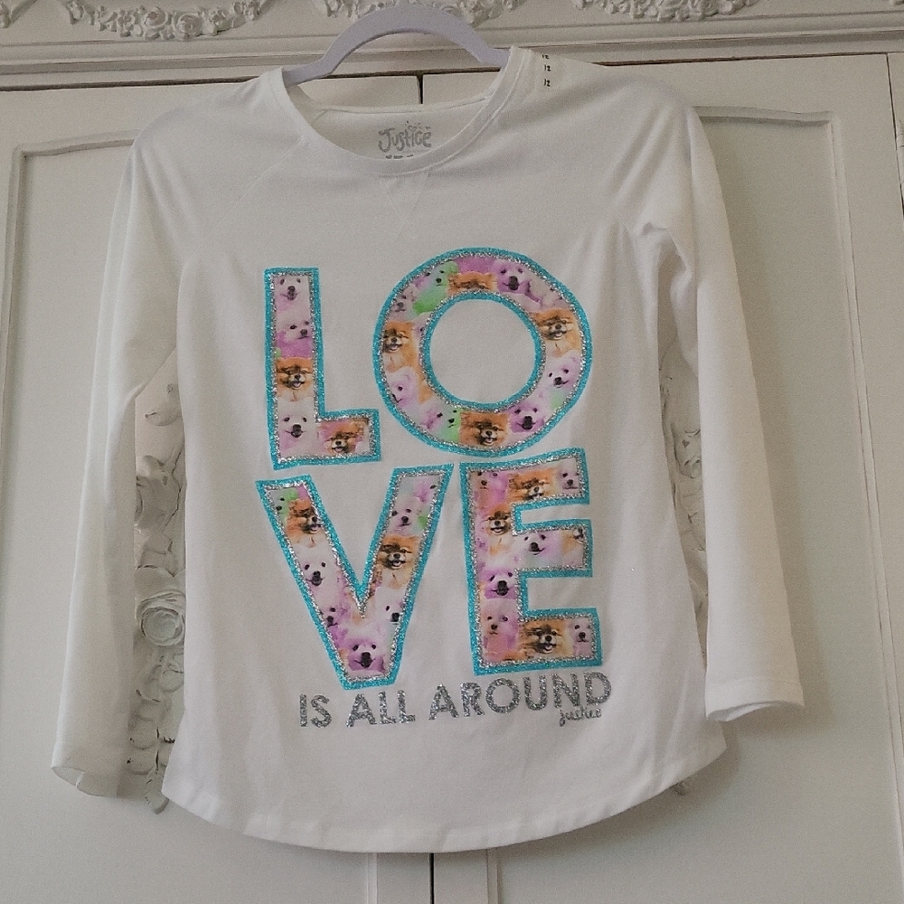 Justice White Long Sleeve Tee with Multicolor LOVE Design